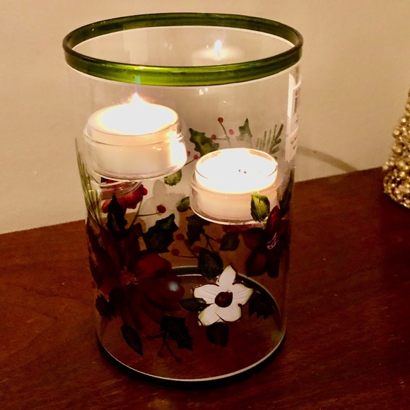 🎄SALE Poinsettia Glass Hurricane Double Hanging Tealight Candle Holder 6" high - Picture 3 of 11